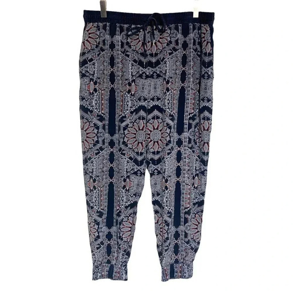 Bohemian blue white red bohemian 100% silk‎ ankle length harem joggers - Picture 3 of 7